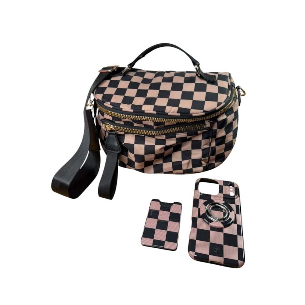 Checkered Nylon Crossbody Bum Bag with Phone Case and Wallet Set